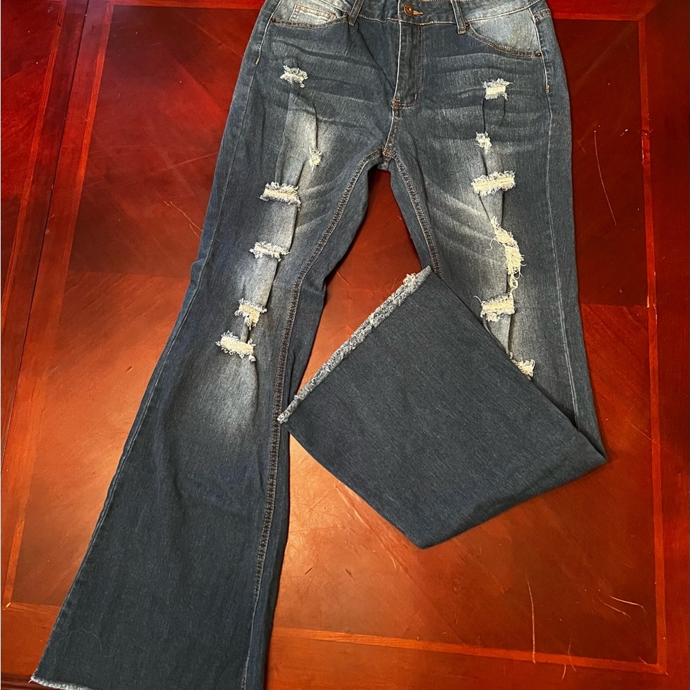 Women’s Distressed Dark Blue Flare Jeans
